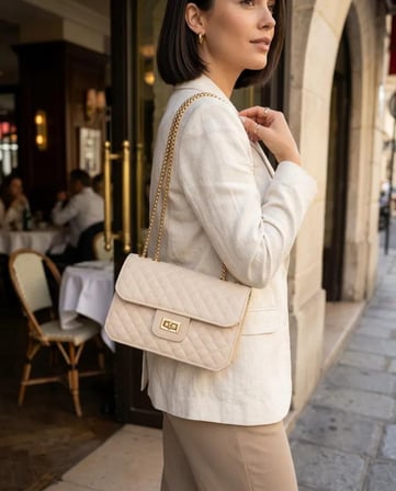 Krem Kapitone Suni Deri Gold Zincirli Omuz Çanta 23×16 Cm