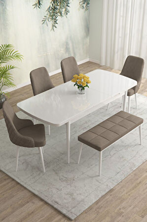 Meri Serisi Beyaz 80x132 Açılabilir Mdf Masa Yemek Odası Takımı,Mutfak Masa Takımı 4 Sandalye 1Bench