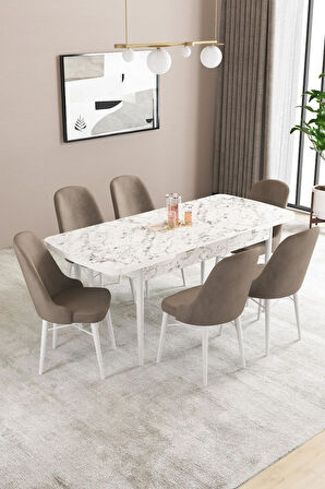 Fonza Beyaz Mermer Desen 80x132 MDF Açılabilir Mutfak Masası Takımı 6  Sandalye