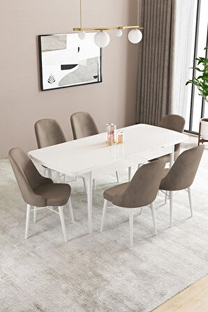 Fonza Beyaz 80x132 MDF Açılabilir Mutfak Masası Takımı 6  Sandalye
