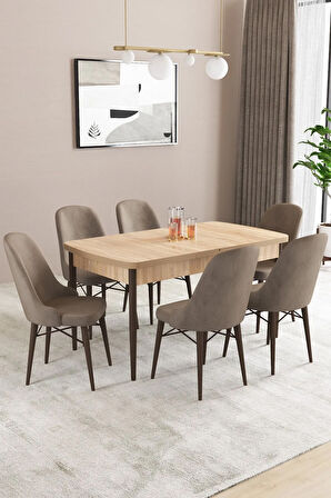 Fonza Meşe Desen MDF 80x132 MDF Açılabilir Mutfak Masası Takımı 6  Sandalye