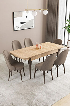 Fonza Meşe Desen MDF 80x132 MDF Açılabilir Mutfak Masası Takımı 6  Sandalye