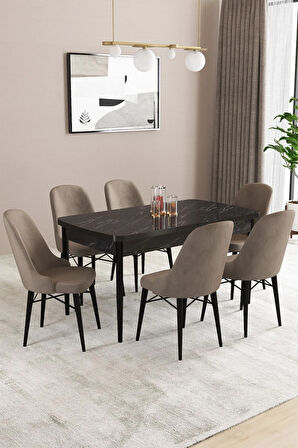 Fonza Siyah Mermer Desen 80x132 MDF Açılabilir Mutfak Masası Takımı 6  Sandalye