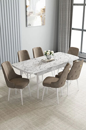 Arvela Beyaz Mermer Desen MDF 80x132 Açılabilir Yemek Odası Takımı 6  Sandalye