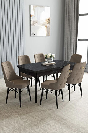 Arvela Siyah Mermer Desen 80x132 Açılabilir Yemek Odası Takımı 6  Sandalye