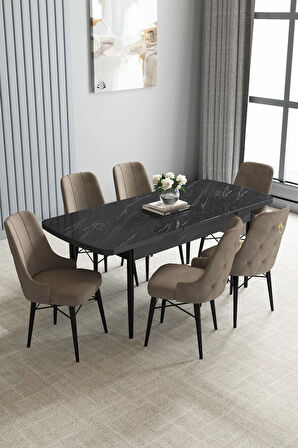 Arvela Siyah Mermer Desen 80x132 Açılabilir Yemek Odası Takımı 6  Sandalye