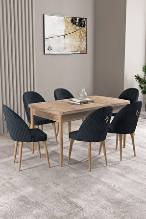 Mabel Siyah Mermer Desen 80x132 MDF Açılabilir Mutfak Masası Takımı 6  Sandalye