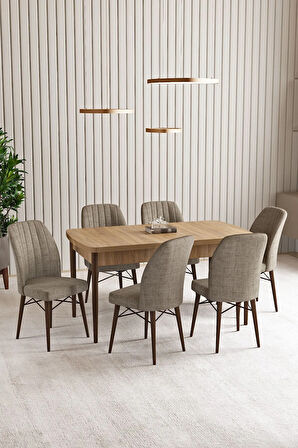 Vien Meşe Desen 80 X 132 Açılabilir MDF Mutfak Masası 6  Sandalye