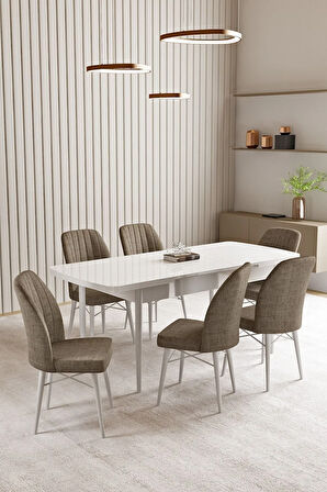 Lara Beyaz 80 X 132 Açılabilir MDF Mutfak Masası 6  Sandalye