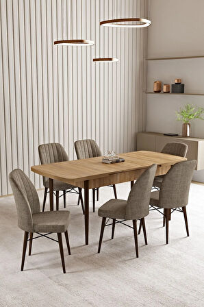 Lara Meşe Desen 80 X 132 Açılabilir MDF Mutfak Masası 6  Sandalye