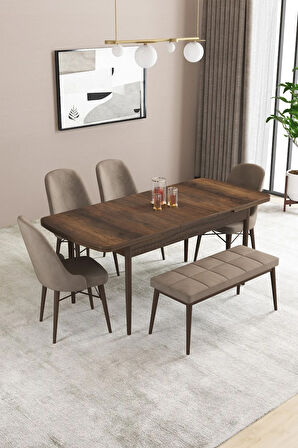 Fonza Barok 80x132 MDF Açılabilir Mutfak Masası Takımı 4 Sandalye , 1 Bench