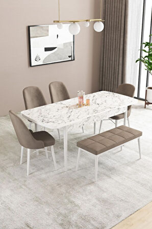 Fonza Beyaz Mermer Desen 80x132 MDF Açılabilir Mutfak Masası Takımı 4 Sandalye , 1 Bench