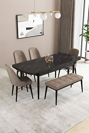 Fonza Siyah Mermer Desen 80x132 MDF Açılabilir Mutfak Masası Takımı 4 Sandalye , 1 Bench