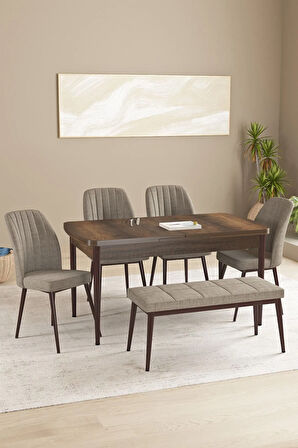 Floryn MDF Barok Desen Açılabilir 80x132 Cm 4 Sandalyeli Benchli Mutfak Masası Takımı