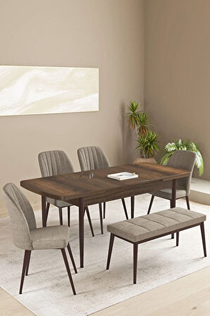 Floryn MDF Barok Desen Açılabilir 80x132 Cm 4 Sandalyeli Benchli Mutfak Masası Takımı