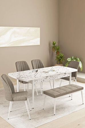 Floryn MDF Beyaz Mermer Desen Açılabilir 80x132 Cm 4 Sandalyeli Benchli Mutfak Masası Takımı