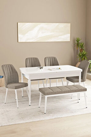 Floryn MDF Beyaz Açılabilir 80x132 Cm 4 Sandalyeli Benchli Mutfak Masası Takımı