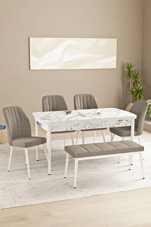 Floryn Beyaz Mermer Desen 80 X 132 Benchli Açılabilir MDF Mutfak Masa Takımı 4 Sandalye