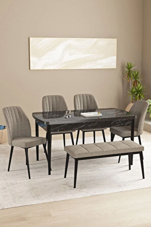 Floryn MDF Siyah Mermer Desen Açılabilir 80x132 Cm 4 Sandalyeli Benchli Mutfak Masası Takımı