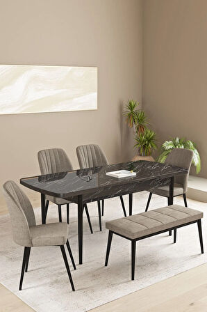 Floryn MDF Siyah Mermer Desen Açılabilir 80x132 Cm 4 Sandalyeli Benchli Mutfak Masası Takımı