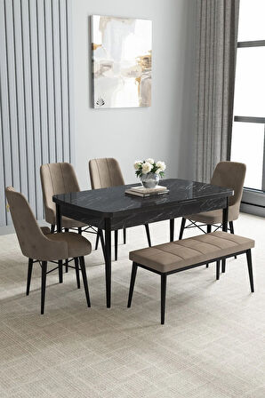 Jusie Siyah Mermer Desen 80x132 Açılabilir Yemek Odası Takımı 4 Sandalye, 1 Bench