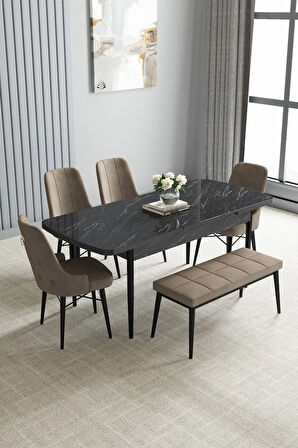Jusie Siyah Mermer Desen 80x132 Açılabilir Yemek Odası Takımı 4 Sandalye, 1 Bench