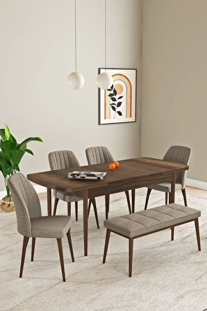 Laris Barok Desen 80 X 132 Benchli Açılabilir MDF Mutfak Masa Takımı 4 Sandalye