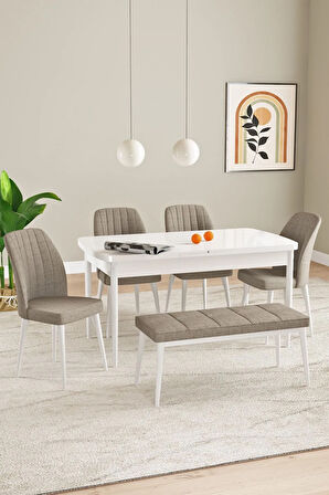 Laris Beyaz 80 X 132 Benchli Açılabilir MDF Mutfak Masa Takımı 4 Sandalye