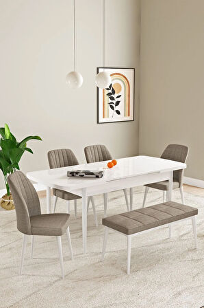 Laris Beyaz 80 X 132 Benchli Açılabilir MDF Mutfak Masa Takımı 4 Sandalye