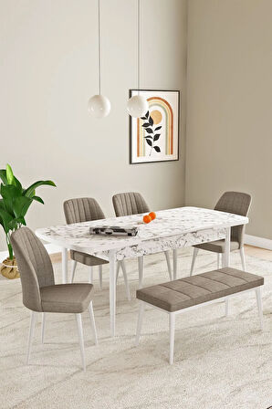 Laris Beyaz Mermer Desen 80 X 132 Benchli Açılabilir MDF Mutfak Masa Takımı 4 Sandalye
