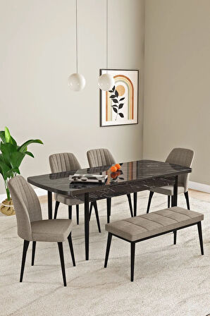 Laris Siyah Mermer Desen 80 X 132 Benchli Açılabilir MDF Mutfak Masa Takımı 4 Sandalye