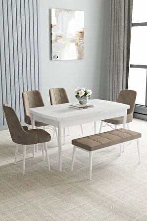 Arvela Beyaz 80x132 MDF Açılabilir Mutfak Masası Takımı 4 Sandalye, 1 Bench