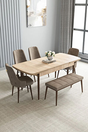 Jusie Meşe Desen 80x132 Açılabilir Yemek Odası Takımı 4 Sandalye, 1 Bench