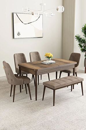 Mabel Barok Desen 80x132 MDF Açılabilir Mutfak Masası Takımı 4 Sandalye 1 Bench