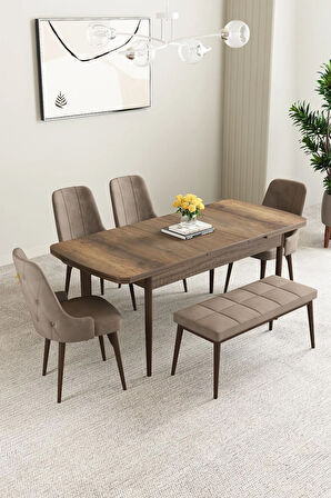 Mabel Barok Desen 80x132 MDF Açılabilir Mutfak Masası Takımı 4 Sandalye 1 Bench