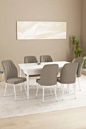 Mabel Beyaz Mermer Desen 80x132 MDF Açılabilir Mutfak Masası Takımı 4 Sandalye 1 Bench