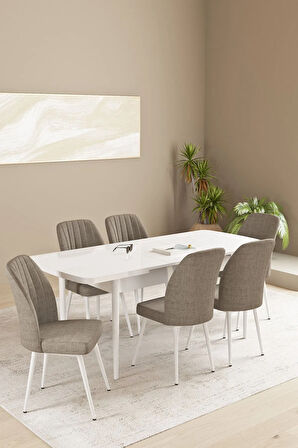 Mabel Beyaz Mermer Desen 80x132 MDF Açılabilir Mutfak Masası Takımı 4 Sandalye 1 Bench