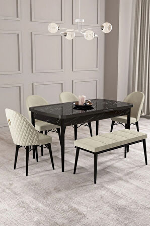 Mabel Siyah Mermer Desen 80x132 Açılabilir Yemek Odası Takımı 4 Sandalye, 1 Bench