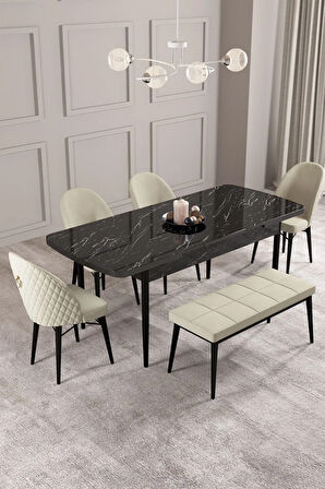Mabel Siyah Mermer Desen 80x132 Açılabilir Yemek Odası Takımı 4 Sandalye, 1 Bench