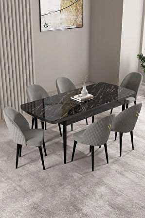 Mabel Siyah Mermer Desen 80x132 MDF Açılabilir Mutfak Masası Takımı 4 Sandalye 1 Bench