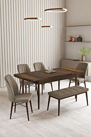 Vien Barok Desen 80 X 132 Açılabilir MDF Mutfak Masası 4 Sandalye, 1 Bench