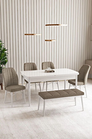 Lara Beyaz 80 X 132 Açılabilir MDF Mutfak Masası 4 Sandalye, 1 Bench