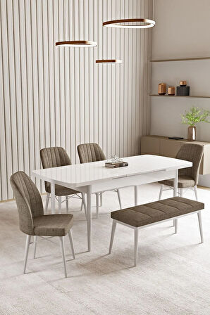 Lara Beyaz 80 X 132 Açılabilir MDF Mutfak Masası 4 Sandalye, 1 Bench