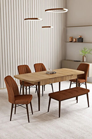 Lara Meşe Desen 80 X 132 Açılabilir MDF Mutfak Masası 4 Sandalye, 1 Bench