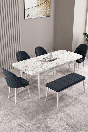 Ashira MDF Beyaz Mermer Desen Açılabilir 80x132 Cm 4 Sandalyeli Mutfak Masası Takımı