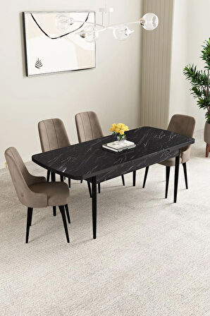 Ashira MDF Siyah Mermer Desen Açılabilir 80x132 Cm 4 Sandalyeli Mutfak Masası Takımı