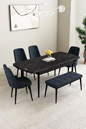 Daisy Siyah Mermer Desen 80x132 Açılabilir MDF Mutfak Masa Takımı 4 Sandalye