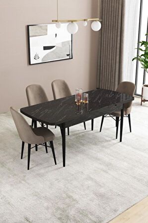 Elizya MDF Siyah Mermer Desenaçılabilir 80x132 Cm 4 Sandalyeli Mutfak Masası Takımı