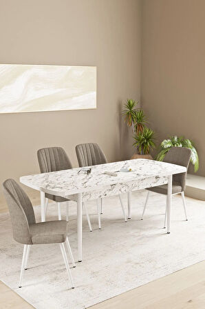 Floryn MDF Beyaz Mermer Desen Açılabilir 80x132 Cm 4 Sandalyeli Mutfak Masası Takımı