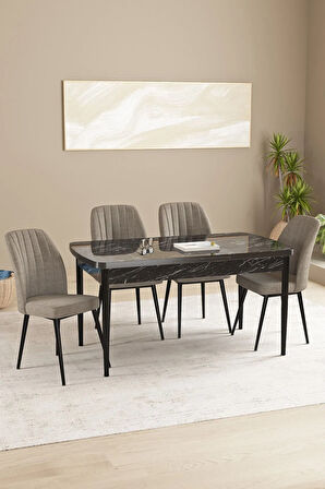 Floryn Siyah Mermer Desen 80 X 132 Açılabilir MDF Mutfak Masa Takımı 4 Sandalye